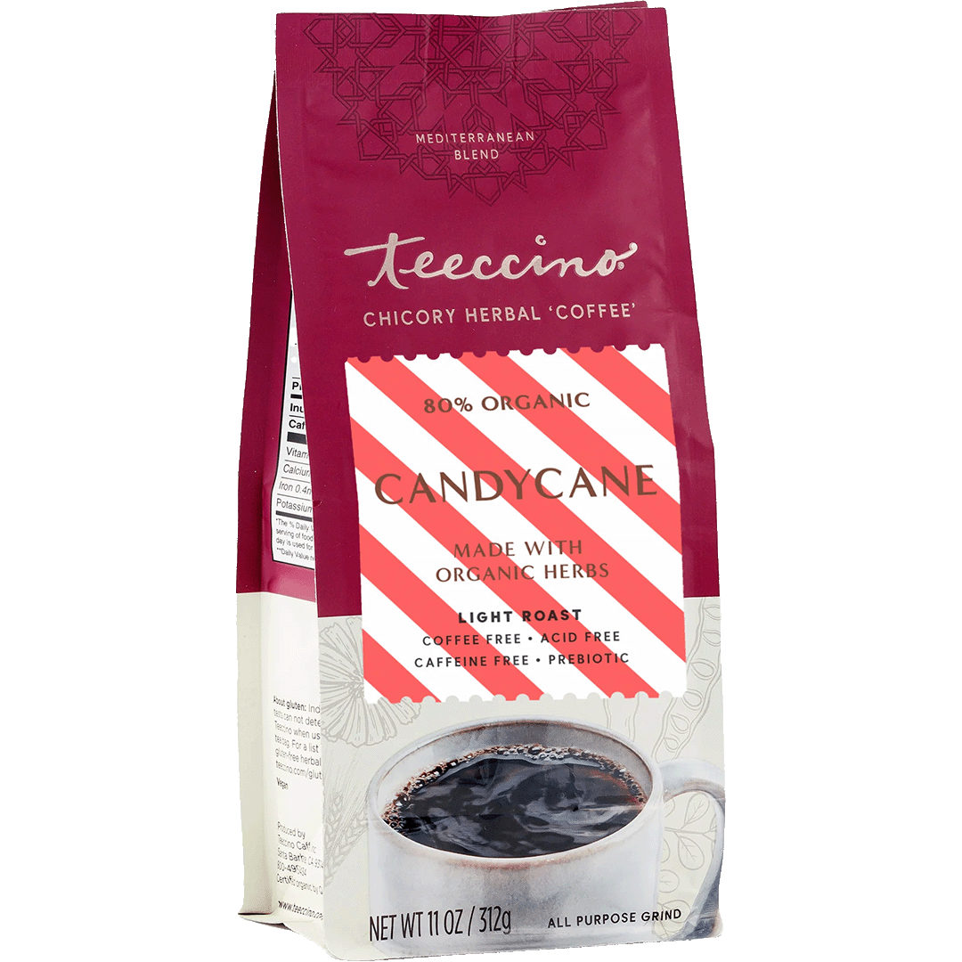 Stand-up coffee bag with maroon label and red candycane design; ground chicory blend