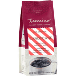 Stand-up coffee bag with maroon label and red candycane design; ground chicory blend