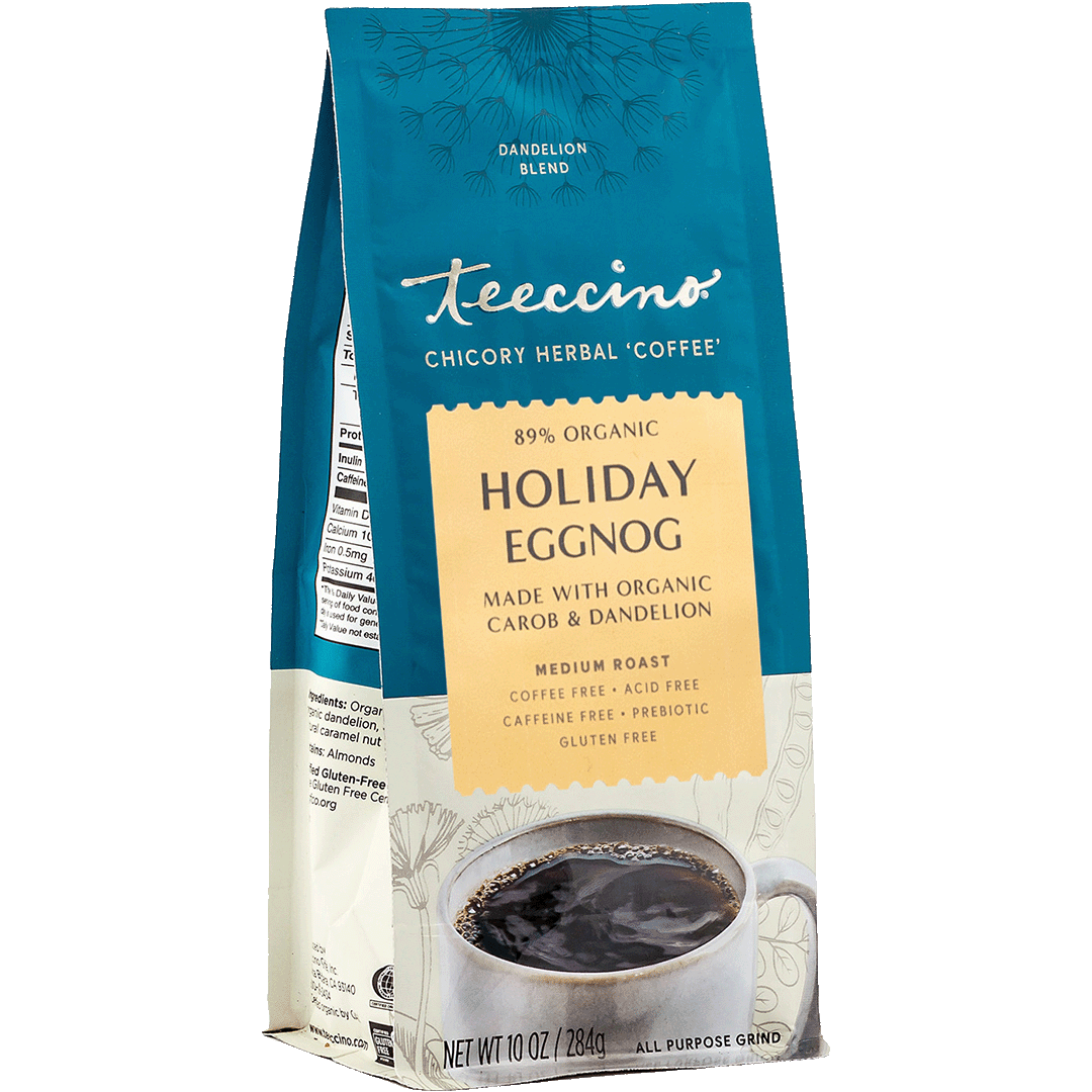 Teecino Holiday Eggnog herbal coffee pouch with cup graphic, 10 oz, medium roast