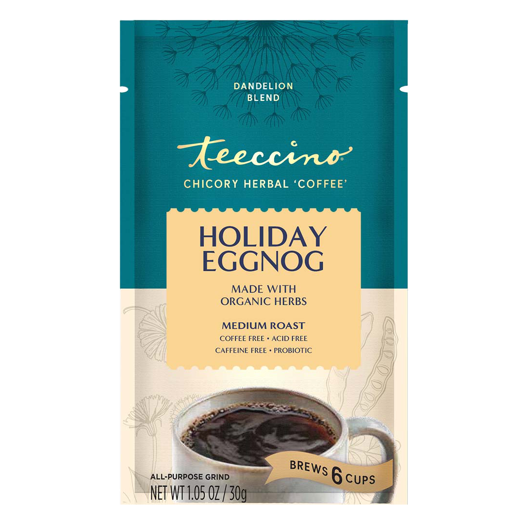 Teecino Holiday Eggnog herbal coffee pouch, medium roast, caffeine-free, probiotic