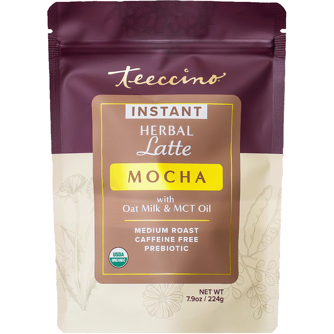 Teecino instant herbal latte mocha pouch, front panel with mocha and oat milk details