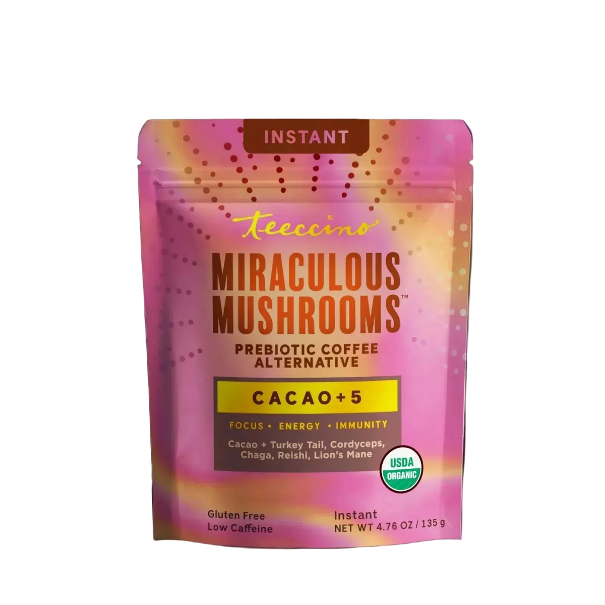Instant prebiotic coffee pouch, Miraculous Mushrooms Cacao+5, purple bag