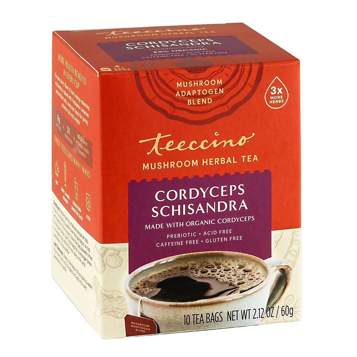 Teecino cordyceps schisandra mushroom herbal tea box with cup, label