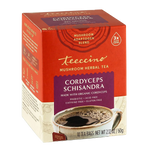 Teecino cordyceps schisandra mushroom herbal tea box with cup, label