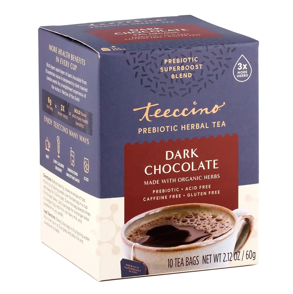 Dark chocolate prebiotic herbal tea box, 10 tea bags; 3x herbs and cup illustration