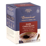Dark chocolate prebiotic herbal tea box, 10 tea bags; 3x herbs and cup illustration