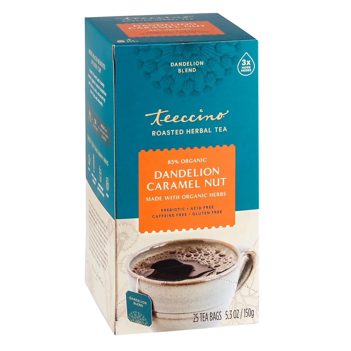 Teecino roasted herbal tea box, dandelion caramel nut blend, 25 tea bags