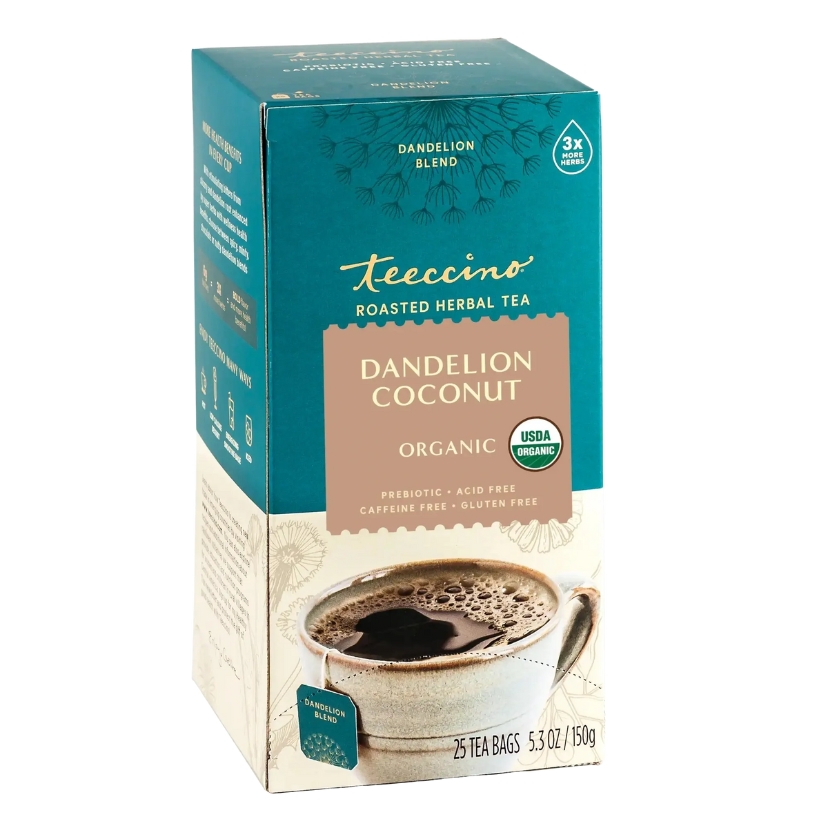 Roasted herbal tea carton with dandelion coconut label and cup of dark brewed tea