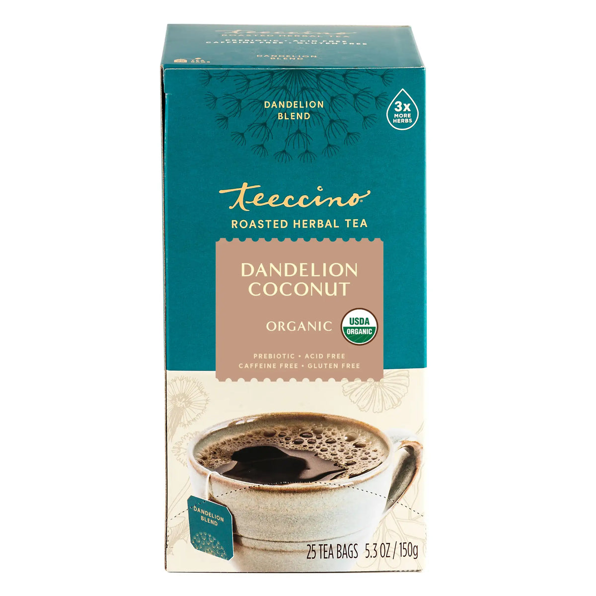 Roasted herbal tea carton with dandelion coconut label and cup of dark tea