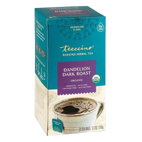 Teecino dandelion blend roasted herbal tea box, dark roast, 3x more herbs, USDA organic