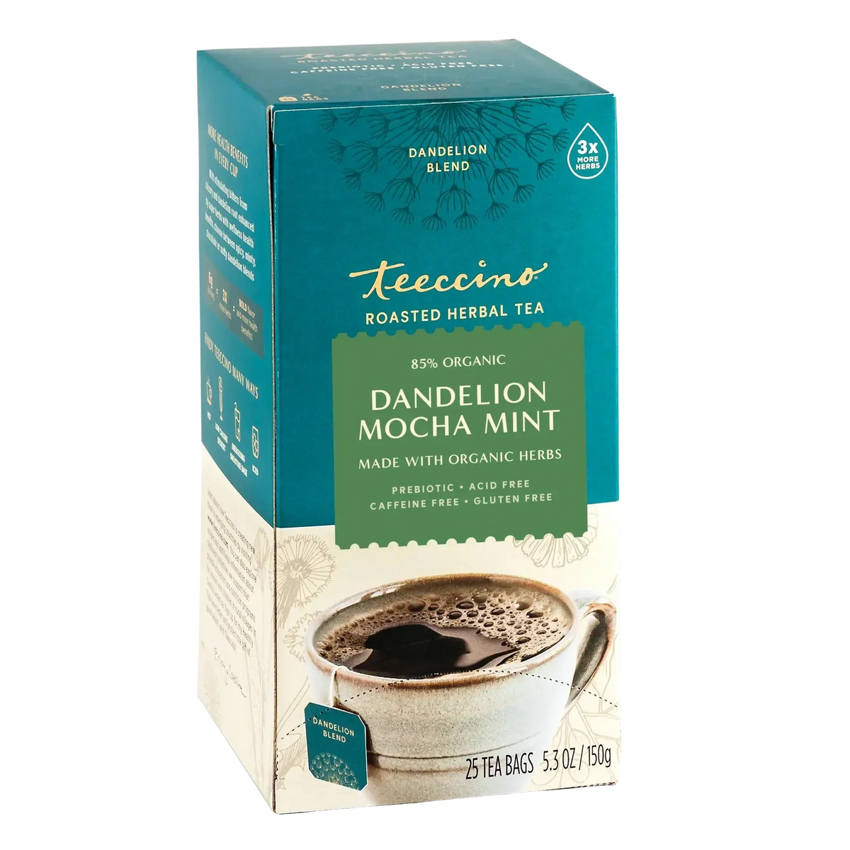 Teecino roasted herbal tea box, dandelion mocha mint blend, 25 tea bags, 3x herbs