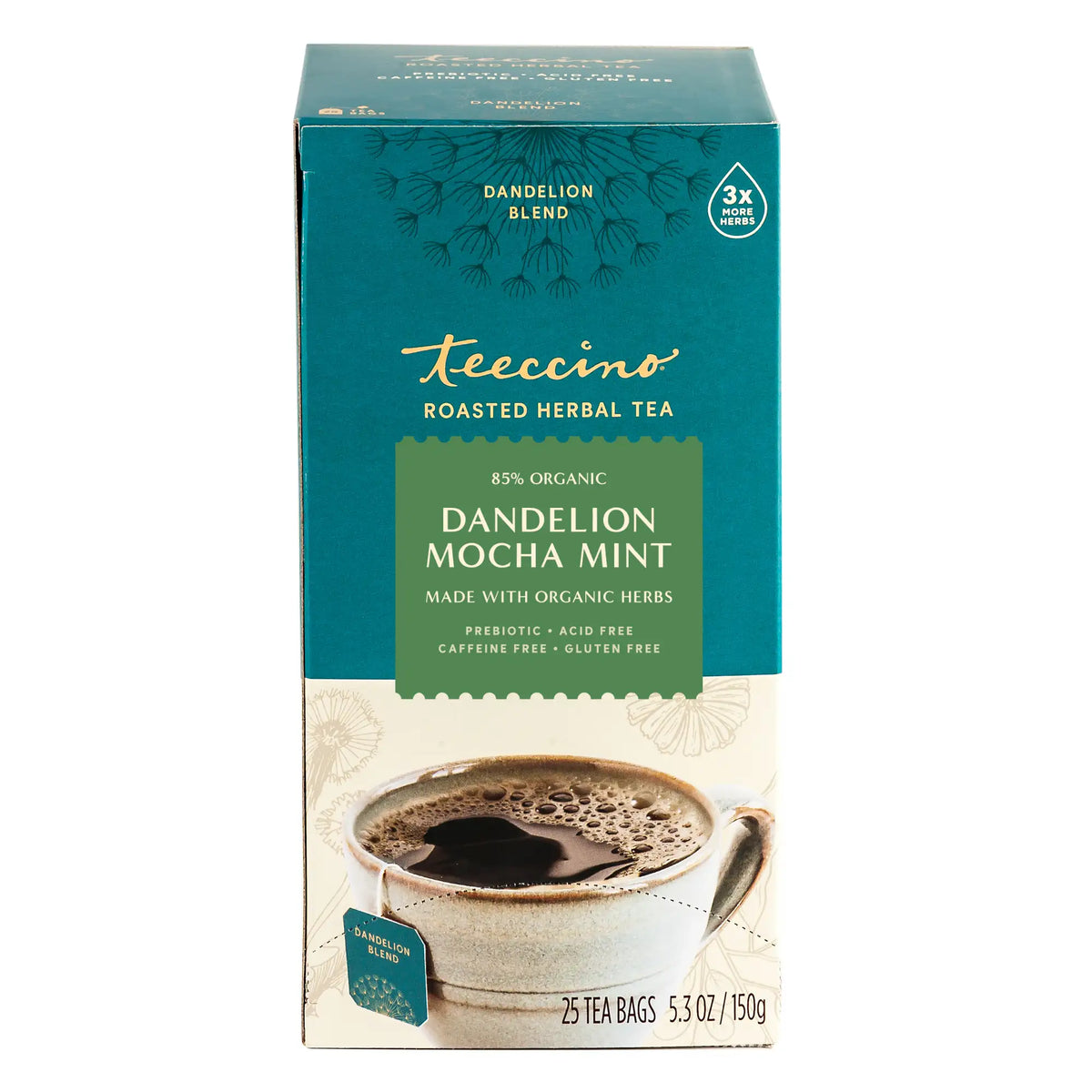 Teecino roasted herbal tea box, dandelion mocha mint, 25 tea bags, brewed cup graphic