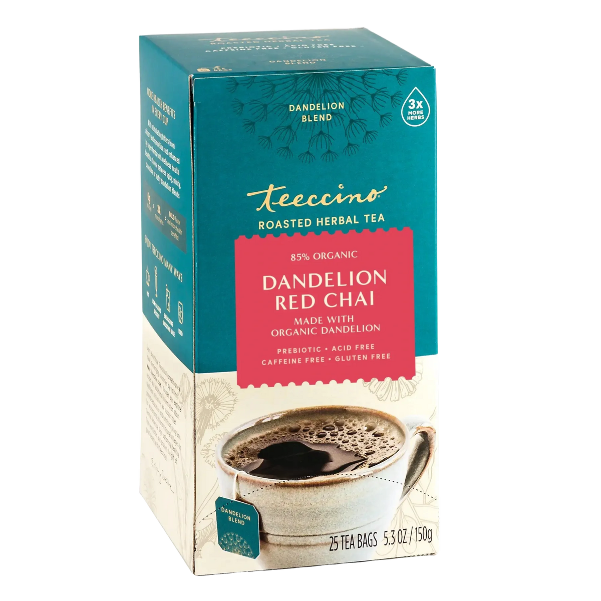 Dandelion red chai herbal tea box, 25 tea bags; teal carton with red label.