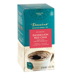 Dandelion red chai herbal tea box, 25 tea bags; teal carton with red label.