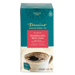 Roasted herbal tea carton, teal with red 'Dandelion Red Chai' label and 25 tea bags.