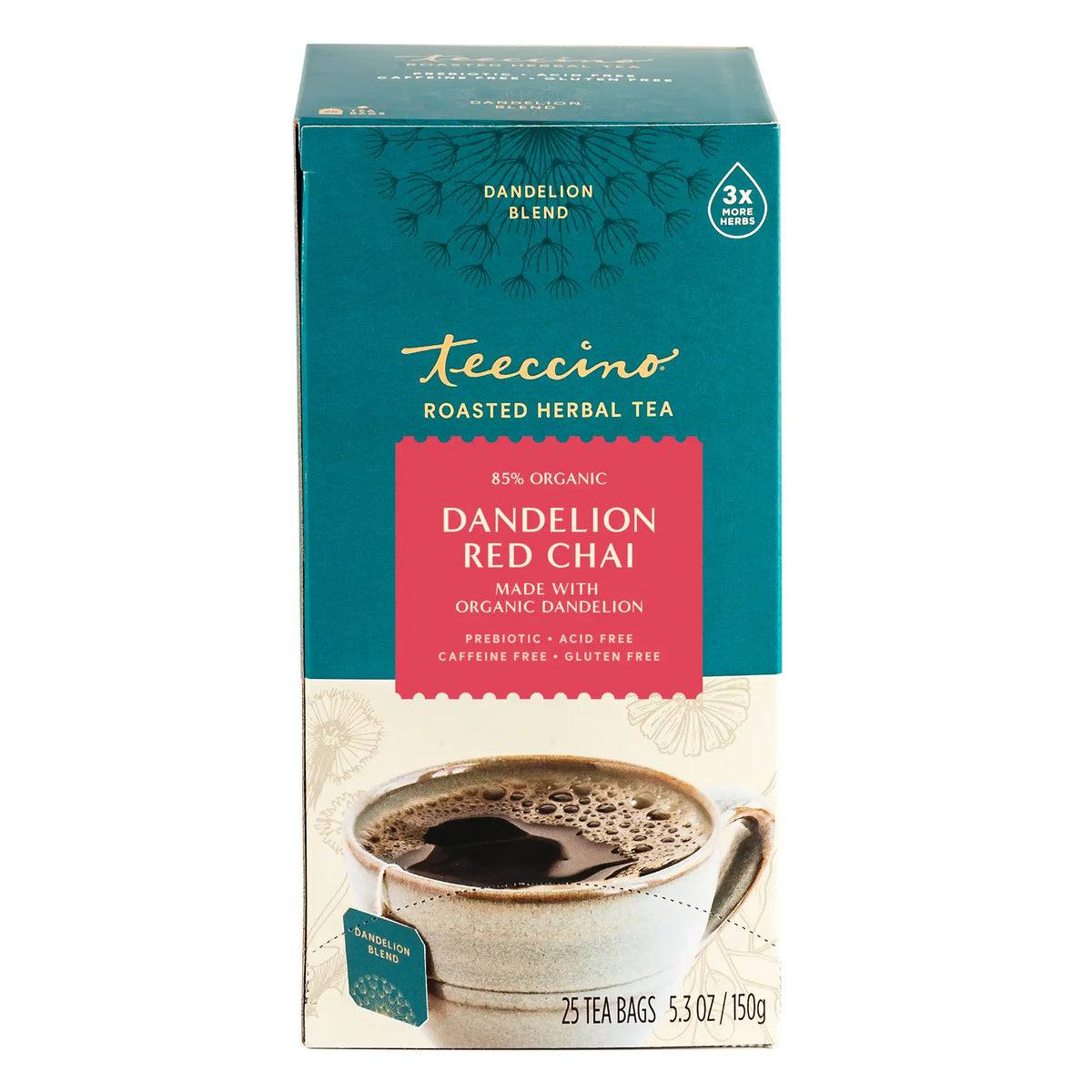 Roasted herbal tea carton, teal with red 'Dandelion Red Chai' label and 25 tea bags.