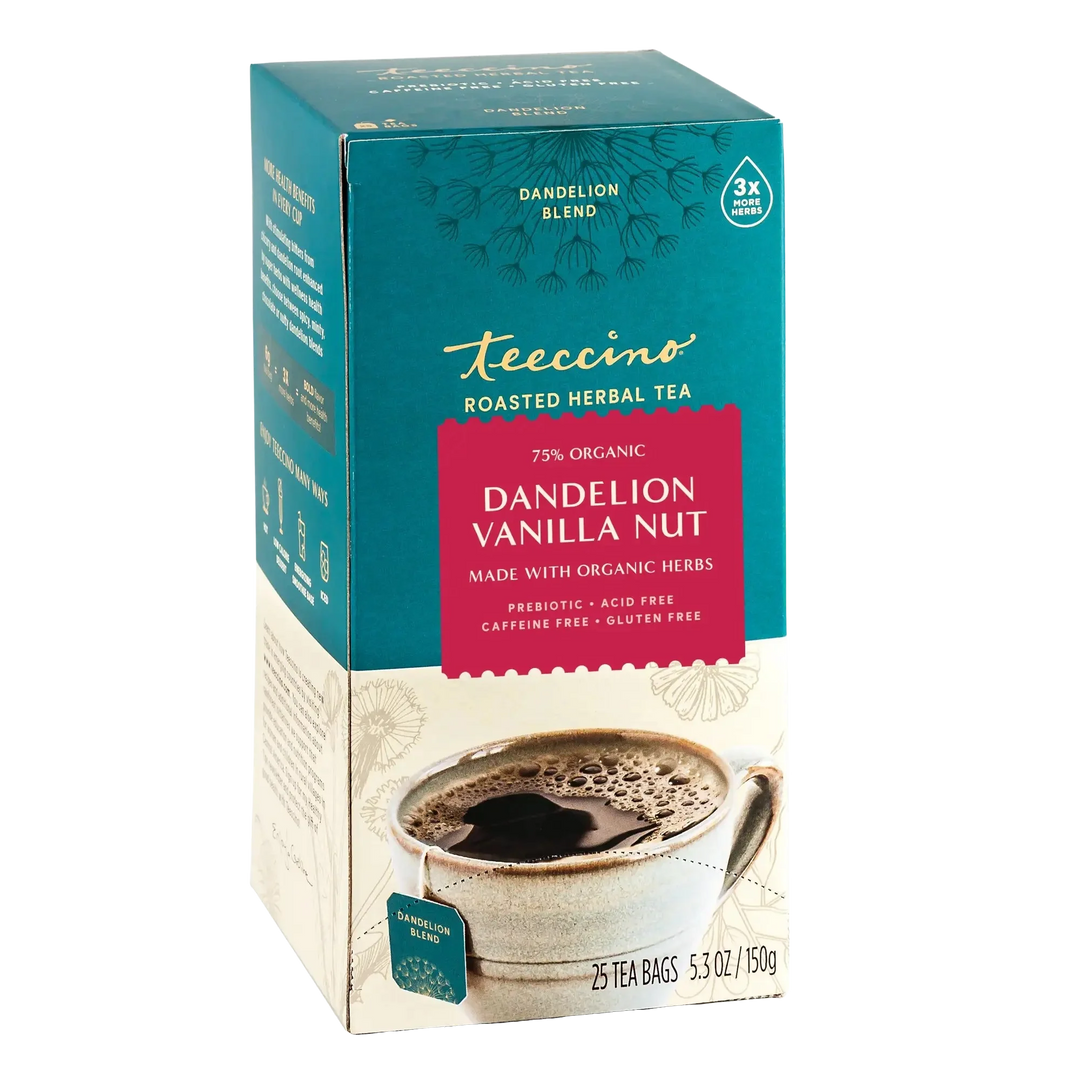 Teecino roasted herbal tea box, dandelion vanilla nut blend, 25 tea bags