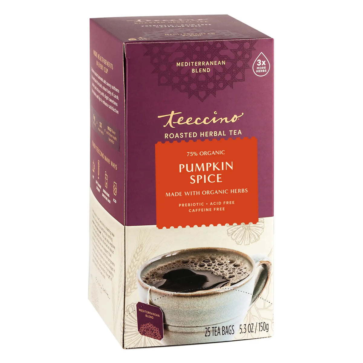 Pumpkin spice herbal tea box front, Mediterranean blend, 25 tea bags