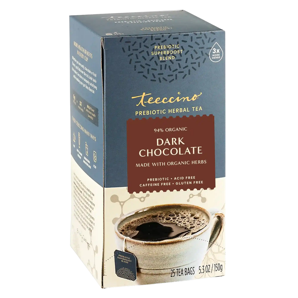 Dark chocolate prebiotic herbal tea box with cup brewing illustration; 25 tea bags