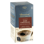 Dark chocolate prebiotic herbal tea box with cup brewing illustration; 25 tea bags
