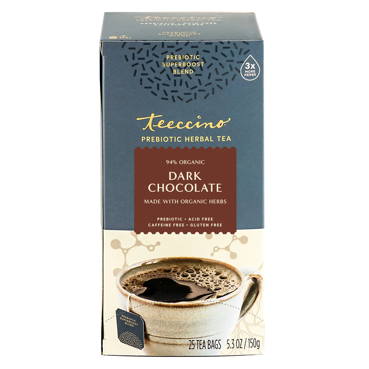 Dark chocolate prebiotic herbal tea box with brewed cup image; 25 tea bags