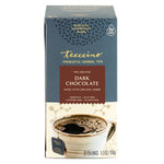 Dark chocolate prebiotic herbal tea box with brewed cup image; 25 tea bags