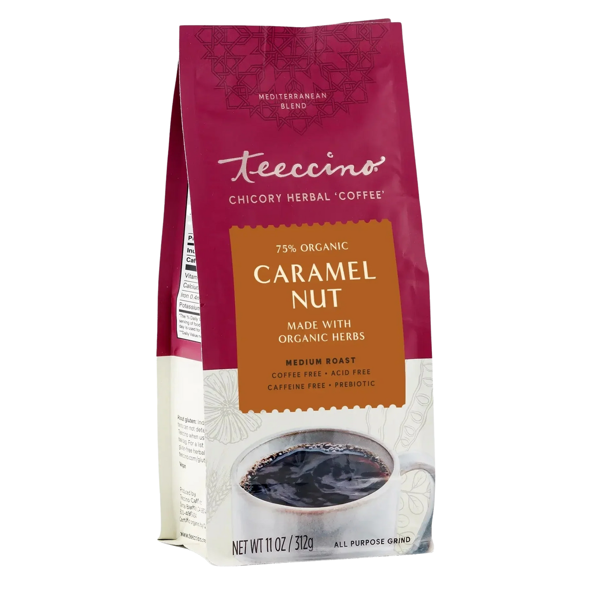 Caramel nut chicory herbal coffee pouch, 75% organic blend, medium roast