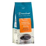 Dandelion caramel nut herbal coffee bag, teal and orange label, medium roast, 10 oz