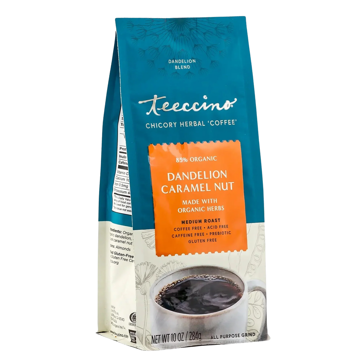 Dandelion caramel nut herbal coffee bag, teal and orange label, medium roast, 10 oz