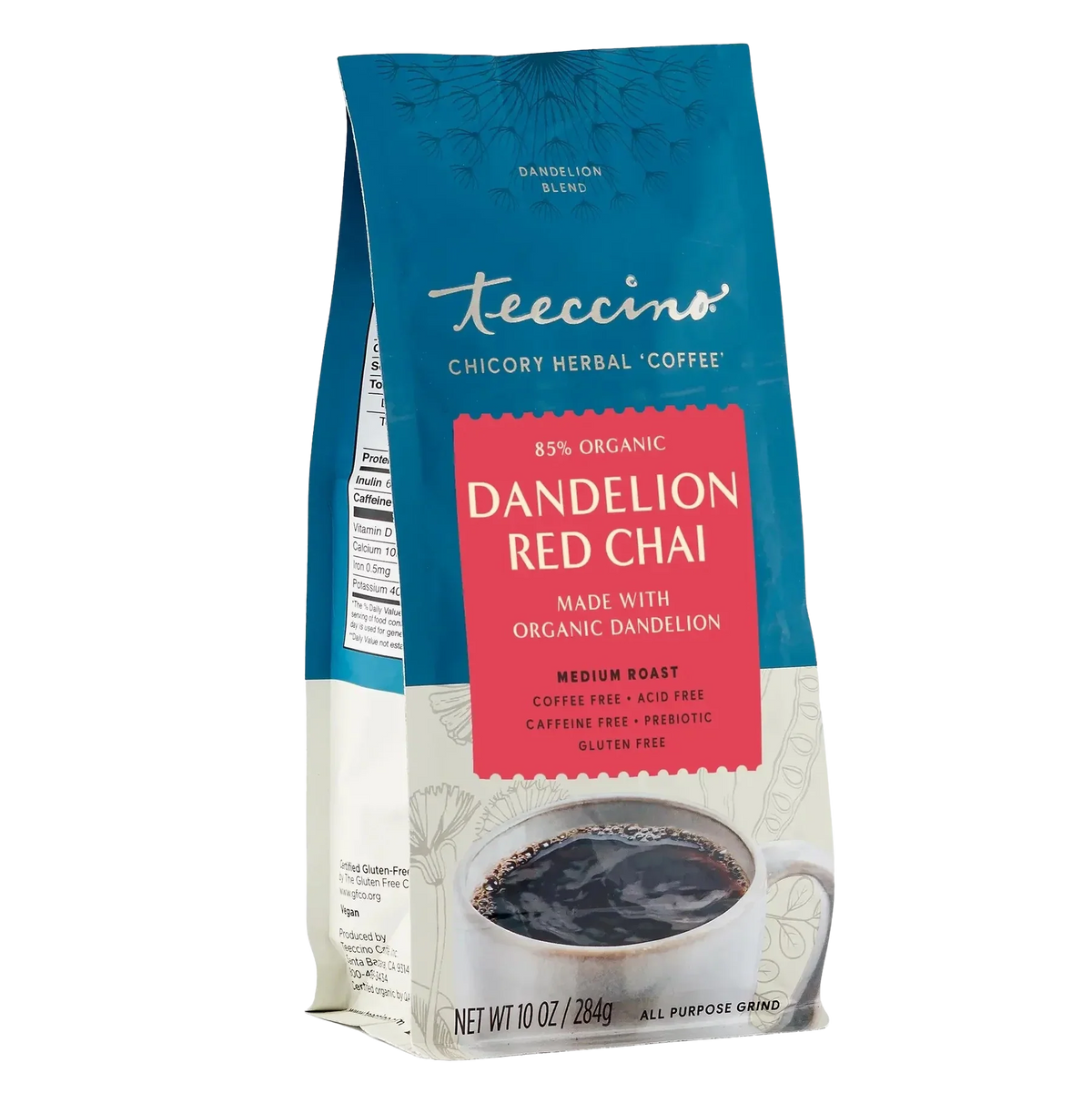 Dandelion herbal coffee bag, teal and red label, all-purpose grind, 10 oz.
