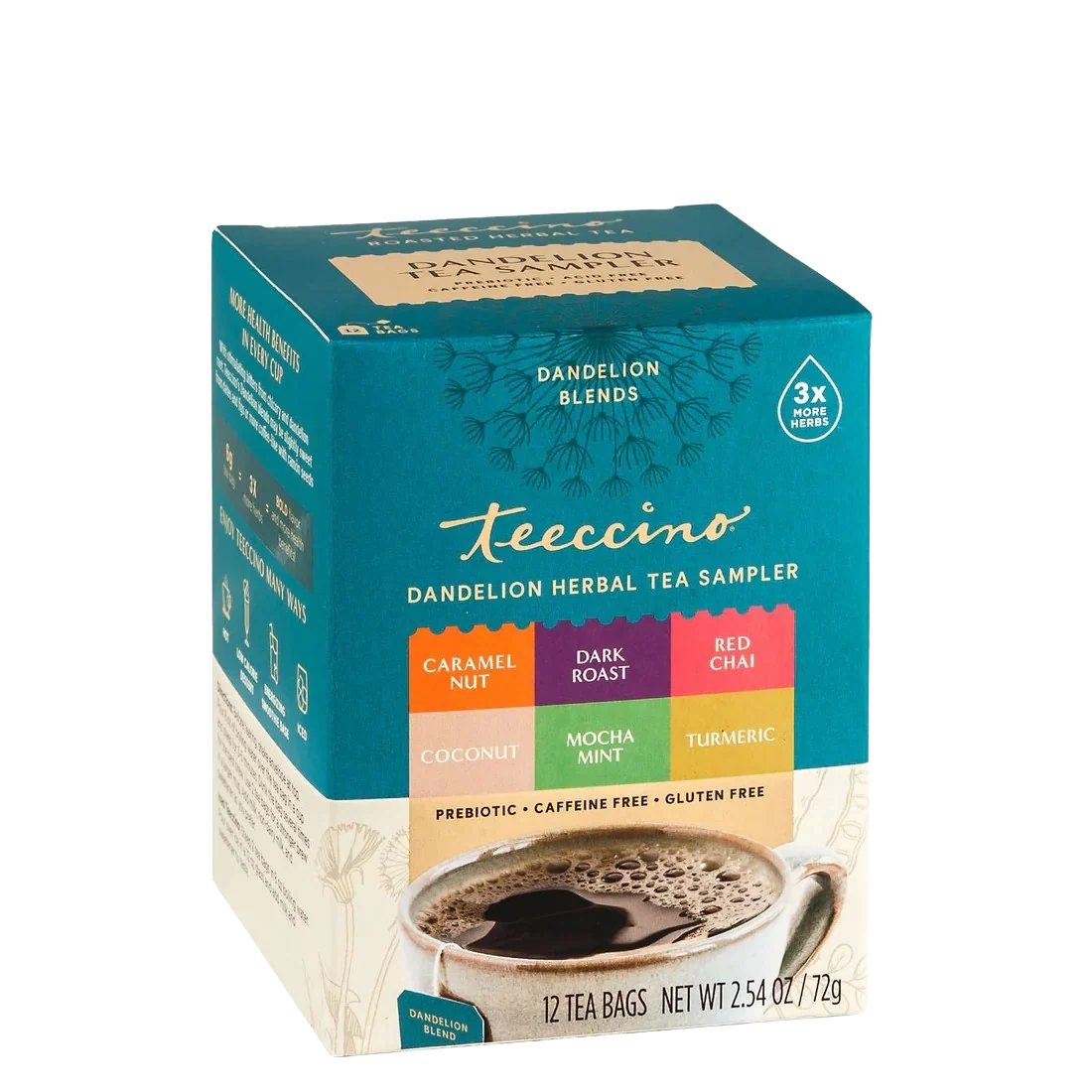 Dandelion herbal tea sampler box with 12 tea bags, Teecino, assorted dandelion blends