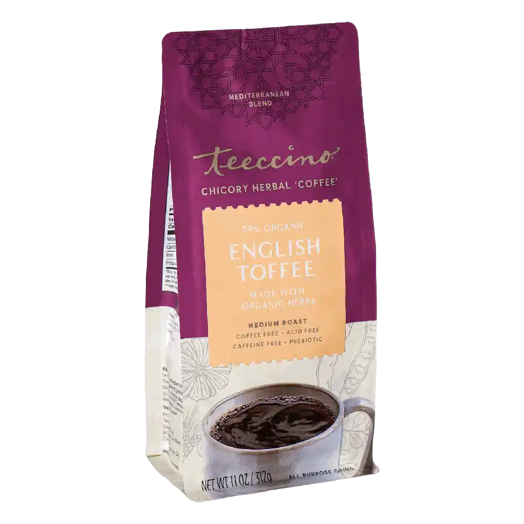 Burgundy stand-up chicory herbal coffee pouch with English toffee front panel