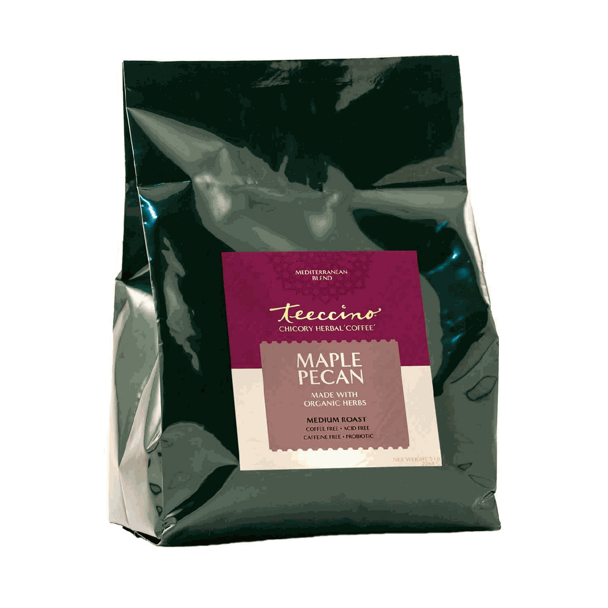 Teeccino Maple Pecan chicory herbal coffee bag inside a sealed foil pouch
