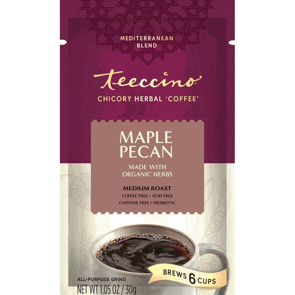 Teeccino chicory herbal coffee bag front, Maple Pecan, brews 6 cups, all-purpose grind