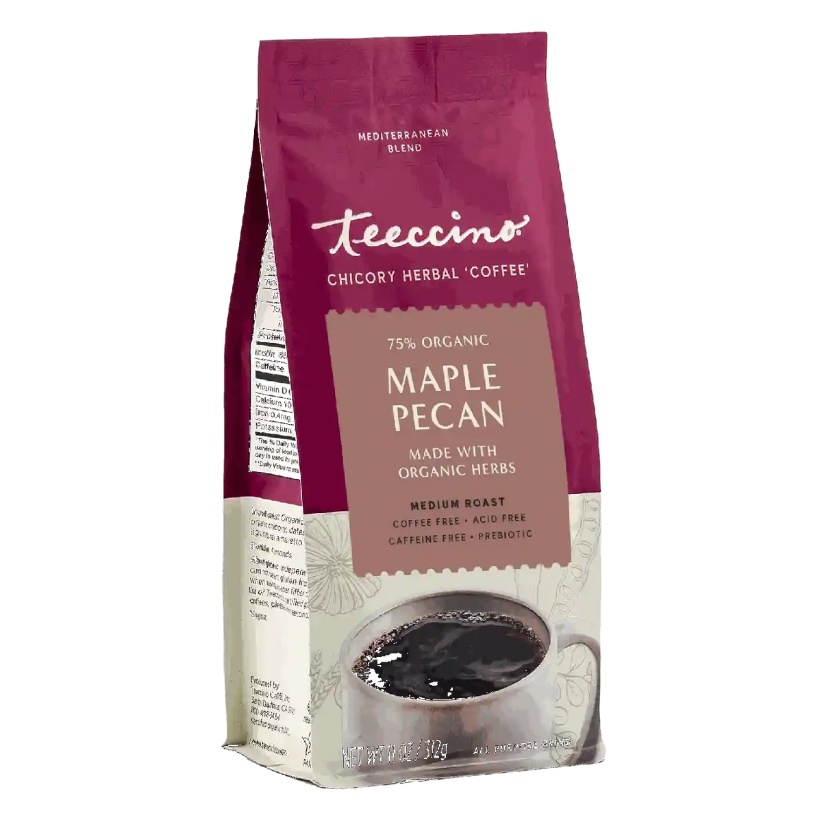 Teeccino chicory herbal coffee bag, Maple Pecan, 75% organic herbs, medium roast