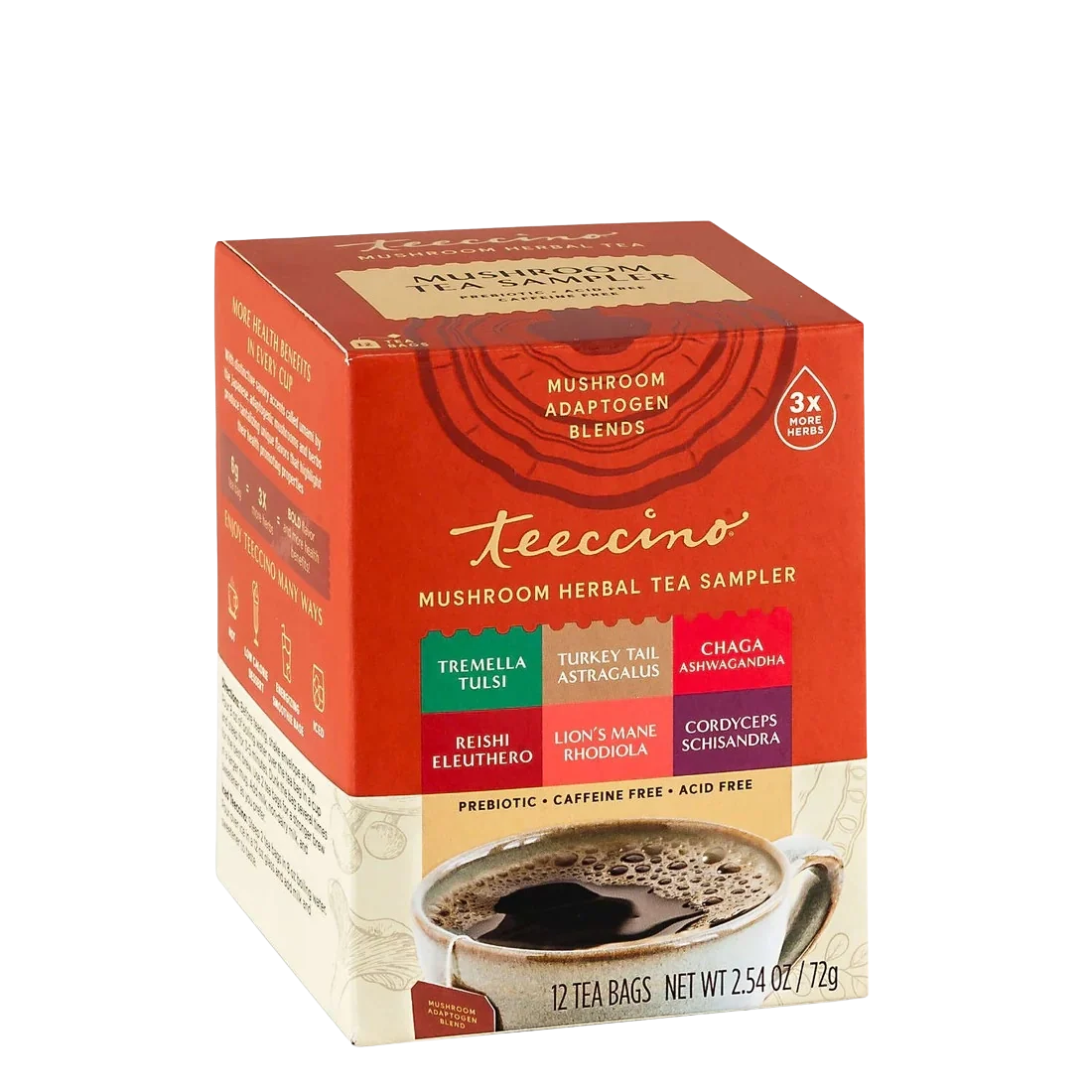Mushroom adaptogen herbal tea sampler box with 12 tea bags, caffeine-free blend