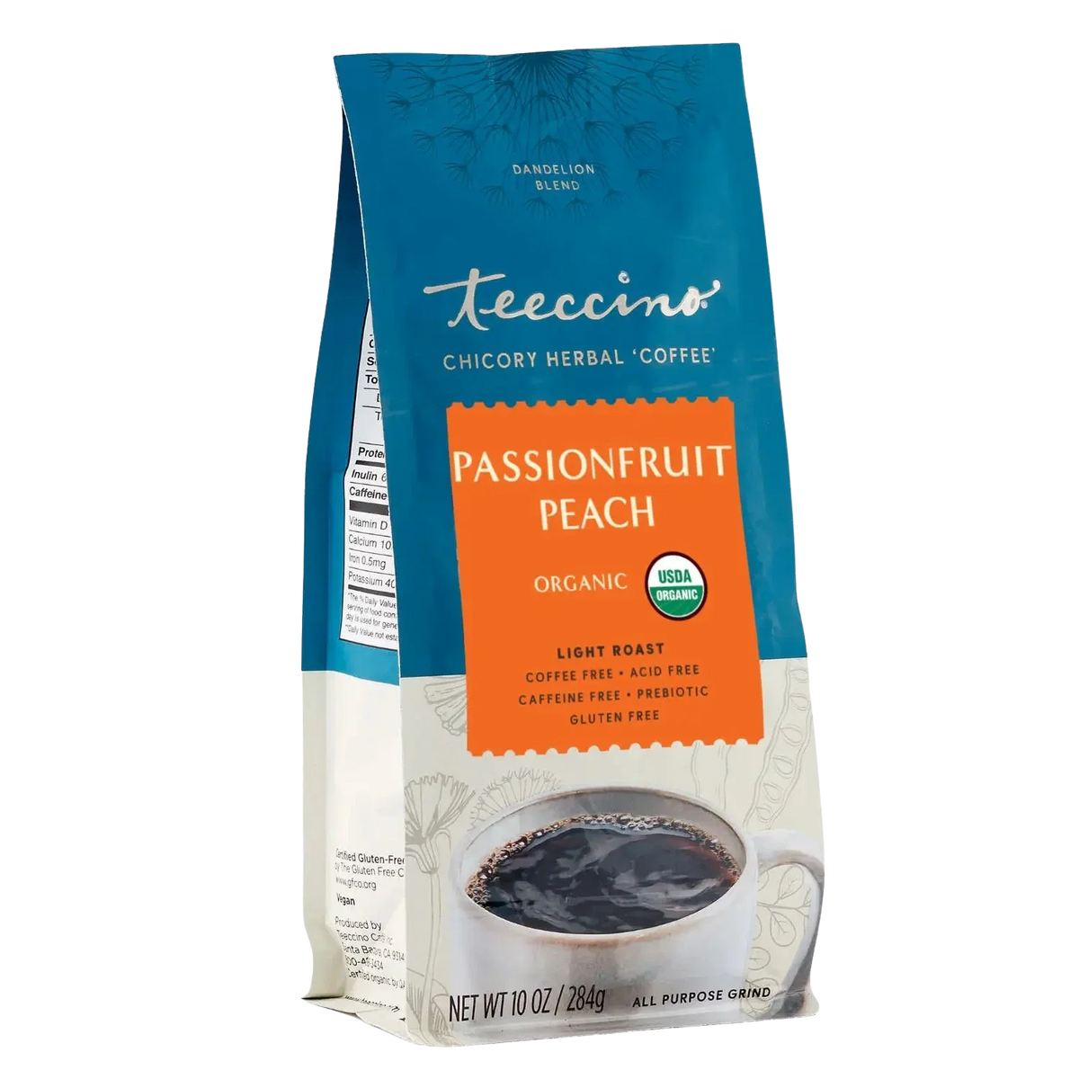 Teecino Passionfruit Peach herbal coffee blend pouch, light roast, 10 oz all-purpose grind.