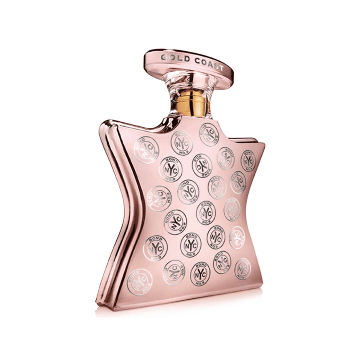 Rose-gold Eau de Parfum bottle with 'GOLD COAST' cap and NYC logo pattern
