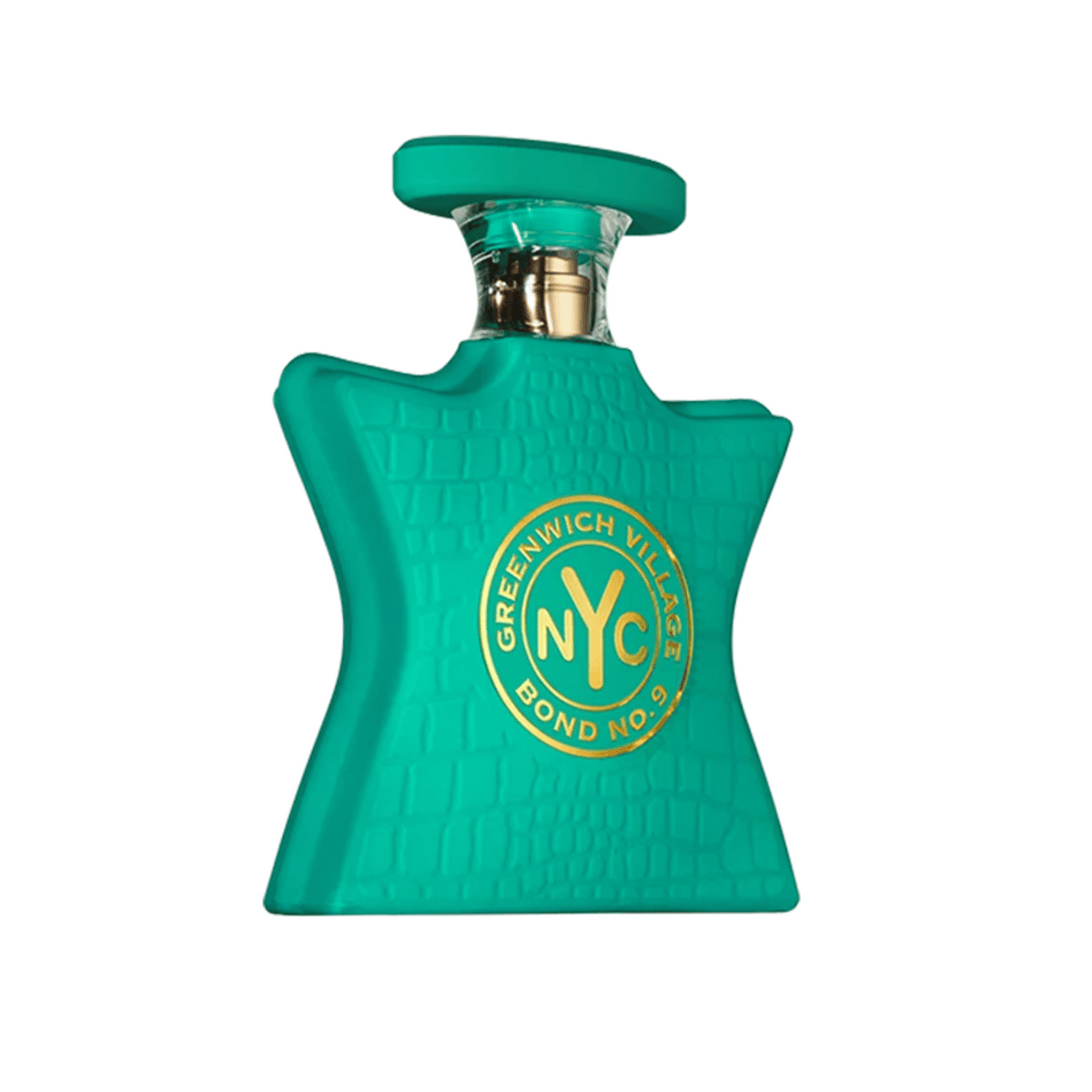 Teal embossed eau de parfum bottle with gold Greenwich Village NYC logo and green cap