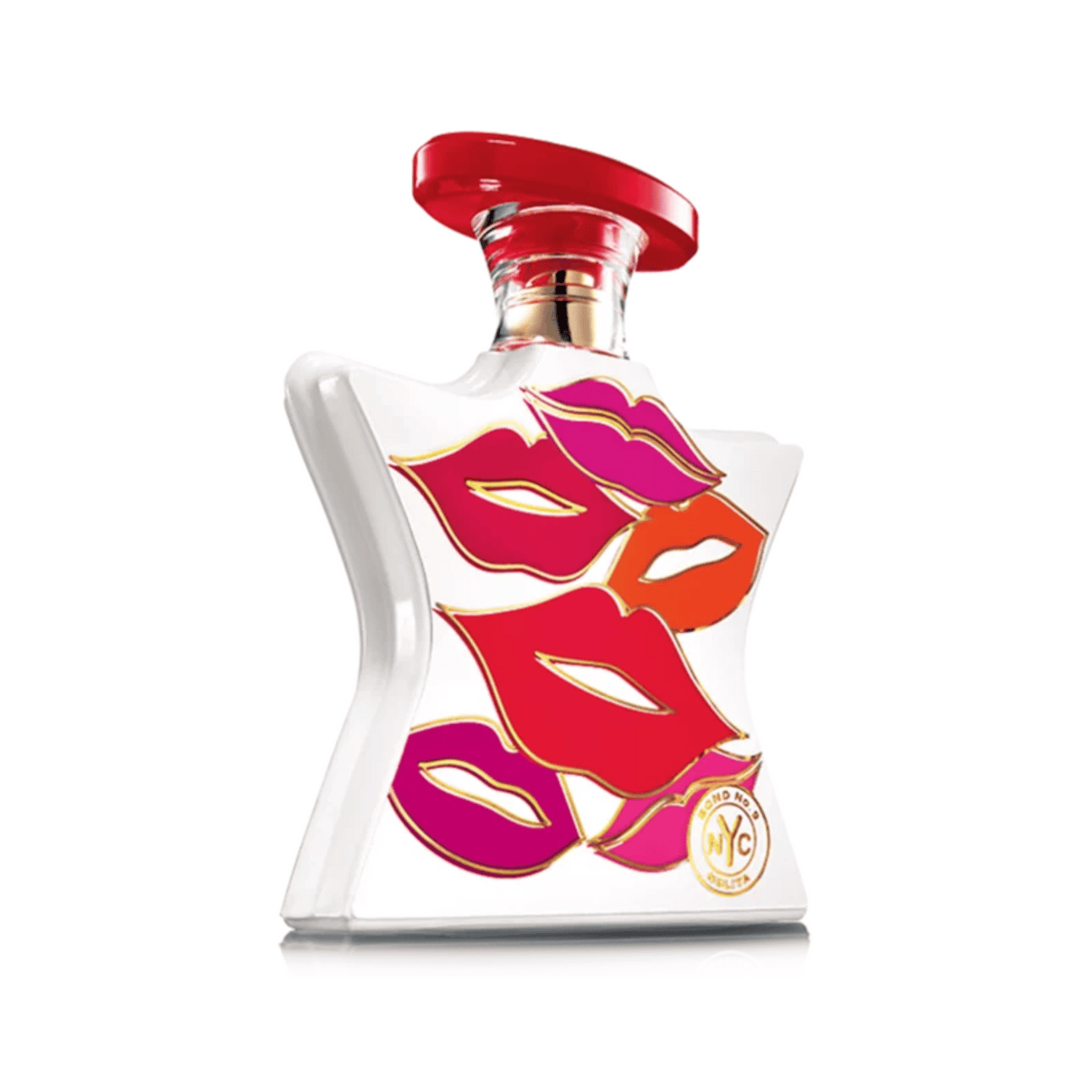 White perfume bottle with red cap and bold lip-print design