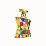 Geometric multi-color eau de parfum bottle with gold cap and NYC emblem