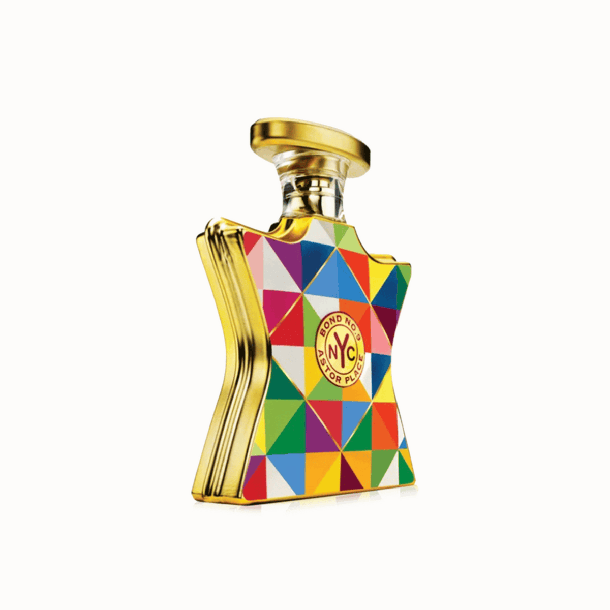 Geometric multi-color eau de parfum bottle with gold cap and NYC emblem