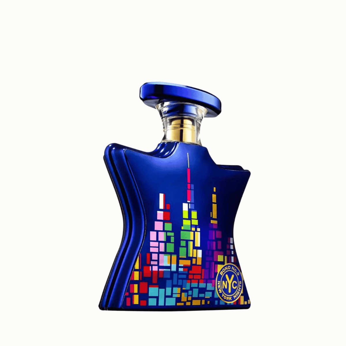 Eau de parfum bottle with blue glass, colorful pixel skyline design, and gold cap