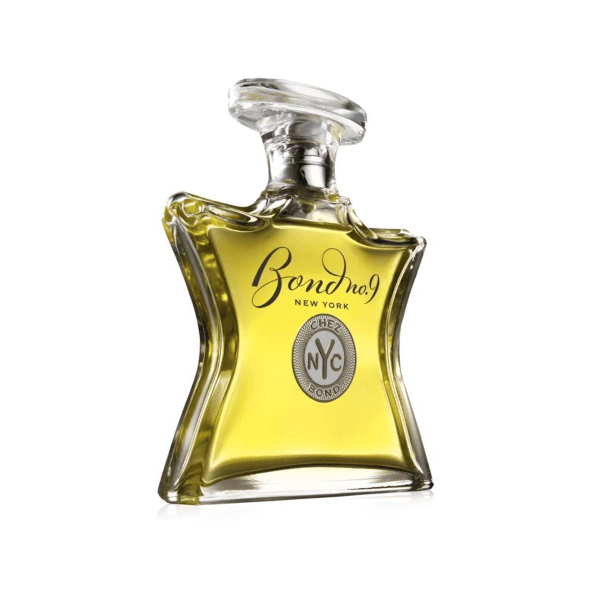 Bond No.9 Eau de Parfum glass bottle with gold-yellow liquid and chrome cap