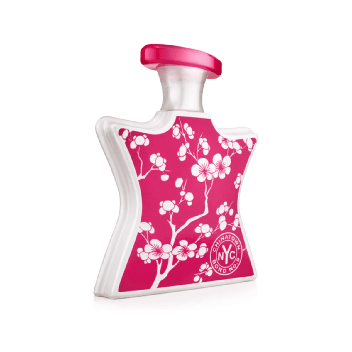 Bond No.9 ChinaTown eau de parfum bottle, pink with white floral label and red cap