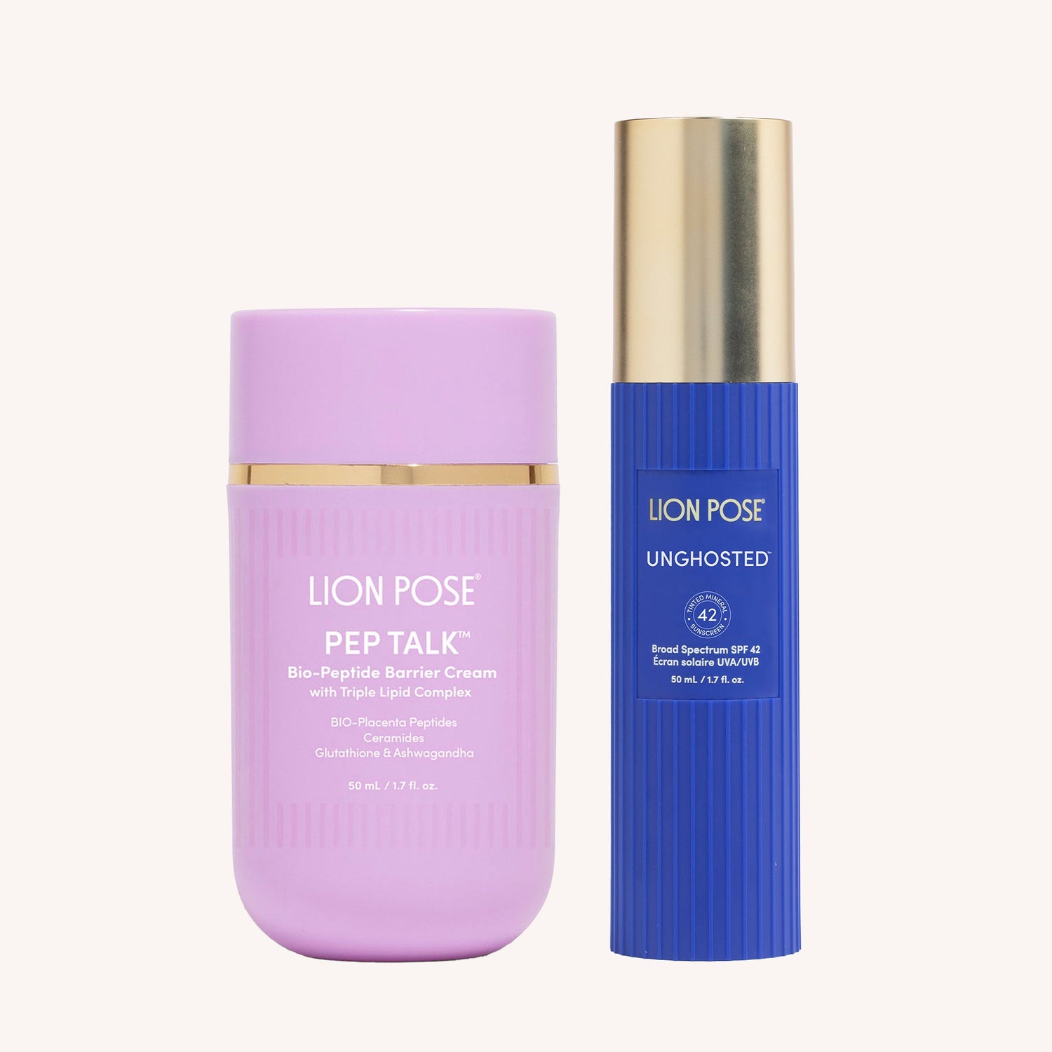 Facial barrier cream and SPF lip balm set, purple bottle and gold tube with blue cap