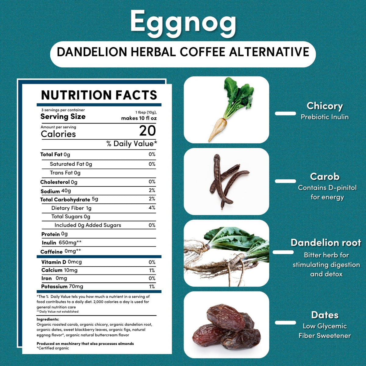 Eggnog herbal coffee alternative ingredient icons: chicory, carob, dandelion root, dates
