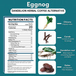 Eggnog herbal coffee alternative ingredient icons: chicory, carob, dandelion root, dates