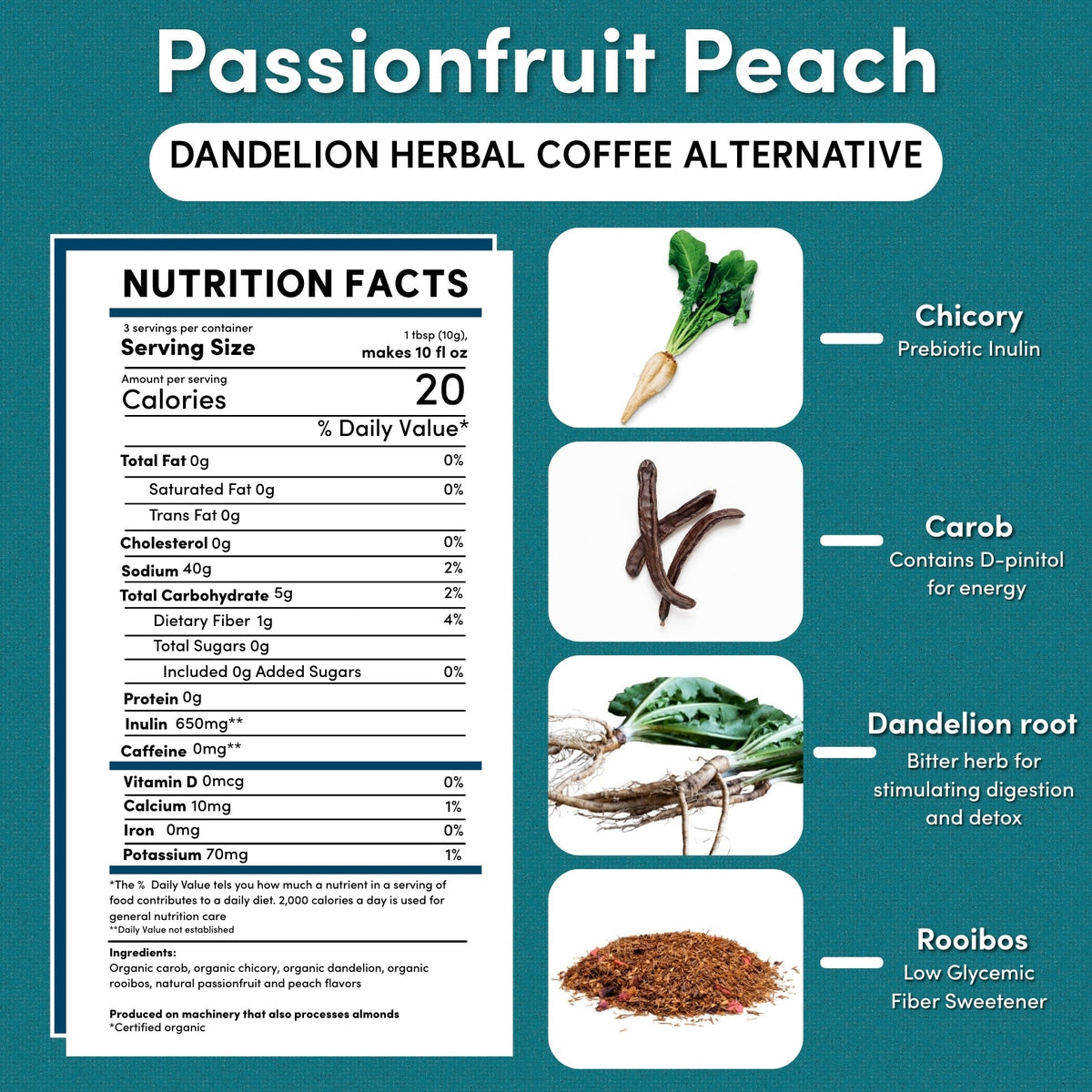 Back panel of Passionfruit Peach herbal coffee alternative bag showing nutrition facts and root mix icons.