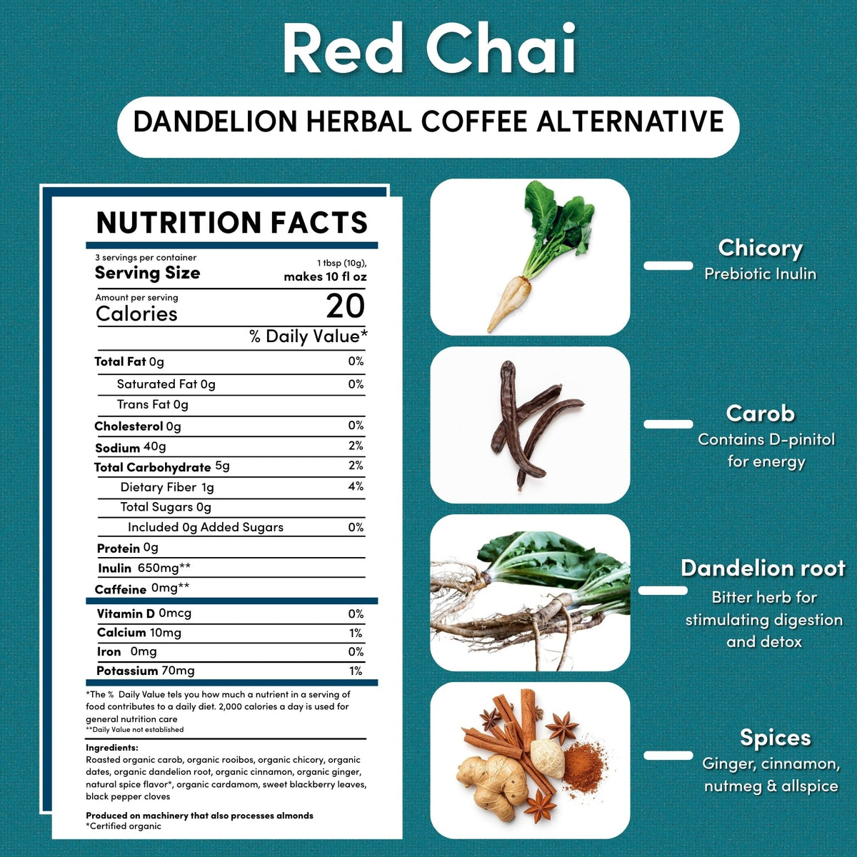 Nutrition facts panel for Red Chai herbal coffee alternative with highlighted serving details.